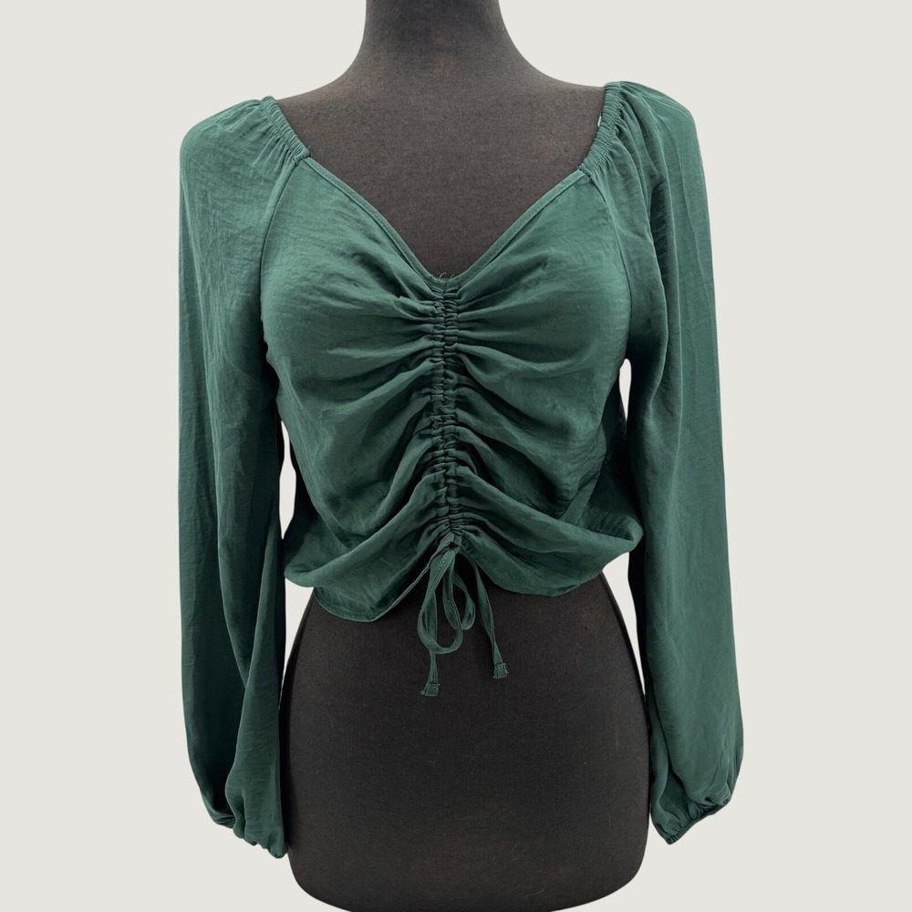 Womens Forest Green Ruched Front Long Sleeve Crop Top Small